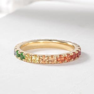 2.5mm Full Eternity Rainbow Sapphire Wedding Band Women Gradient Birthstone Ring Unique Stacking Ring Vintage Yellow Gold Anniversary Gift