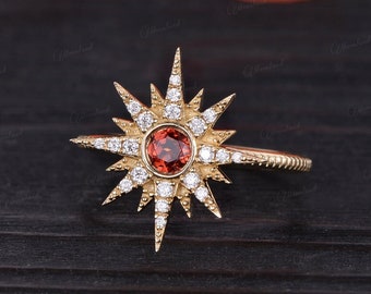 Vintage Ruby Engagement Ring Yellow Gold Ring Moissanite Halo Sun Ring Milgrain Star Wedding Ring For Women July Birthstone Anniversary Gift