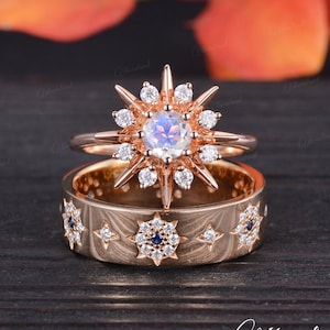Unique Sun Engagement Ring Set Moonstone Sapphire Ring Rose Gold Halo Moissanite North Star Couples Ring Set Mens Wedding Band Anniversary
