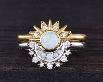 Vintage Opal Sun And Moon Ring Set Art Deco Yellow Gold Bezel Set Halo Star Ring Unique Moissanite Couples Ring Set Birthstone Anniversary