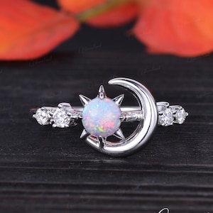 Unique Moon And Sun Engagement Ring White Gold Opal Bridal Ring Vintage Celestial Half Eternity Dainty Moissanite Anniversary Gift For Her