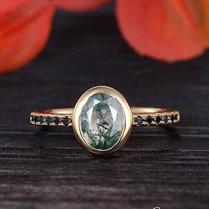 Vintage Moosachat Verlobungsring Gelbgold Oval Schliff Einzigartige Lünette Set Ring Solitär Ring Halbe Eternity Schwarz Moissanite Ring Minimalist