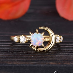 Unique Sun And Moon Ring Yellow Gold Opal Engagement Ring Vintage Celestial Ring Half Eternity Moissanite Ring Birthstone Ring Gift For Her