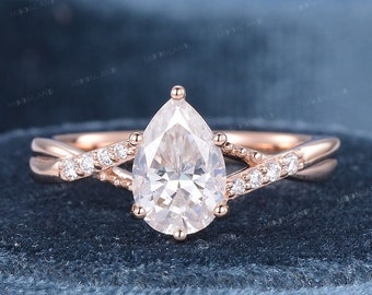 1.5CT Tear Drop Moissanite Engagement Ring Rose Gold Wedding Ring Pear Shaped Moissanite Ring Women Split Shank Twist Infinity Unique Ring