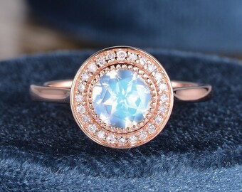 Halo Moonstone Engagement Ring Rose Gold Ring Milgrain Art Deco Diamond Ring Bezel Set Solitaire Promise Ring Thin Ring Anniversary Woman