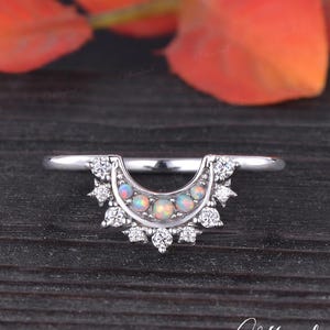 Dainty Opal Curved Wedding Band Women Moon And Star Wedding Ring White Gold Stacking Ring Unique Celestial Birthstone Women Anniversary Gift