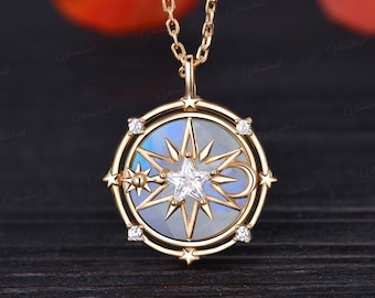 Vintage Moonstone Pendant Yellow Gold North Star Compass Pendant Celestial Jewelry Sun Moon Star Pentagon Charm Dainty Gold Compass Jewelry