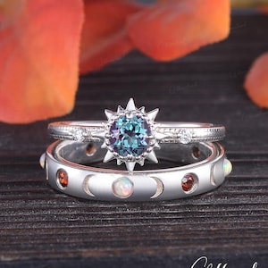 Sun Engagement Ring Set Alexandrite Bridal Set White Gold Natural Opal Garnet Crescent Moon Band Birthstone Couple Rings Wedding Anniversary