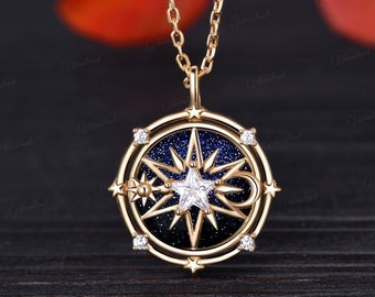 Vintage Blue Sandstone Pendant Yellow Gold Compass Necklace Celestial Jewelry Sun Moon Moissanite North Star Dainty Opal Moonstone Necklace