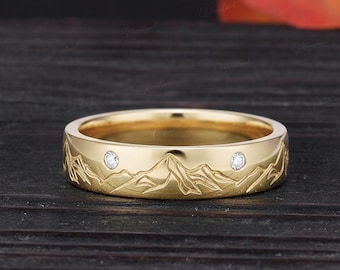 Anello da uomo con design a montagna da 5 mm, in oro massiccio, con moissanite, pietra portafortuna, ispirato alla natura, anello eternity, regalo di promessa per gli amanti dei viaggi.