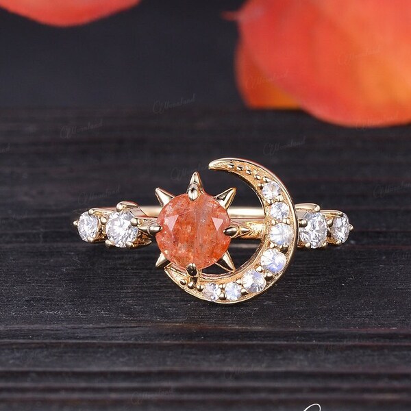 Vintage Sunstone Engagement Ring Yellow Gold Sun Moon Wedding Ring Moissanite Cluster Celestial Ring Half Eternity Unique Anniversary Gift