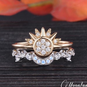 Sun And Moon Couple Rings Set Unique His And Hers Rings Moonstone Moissanite Halo Celestial Mens Wedding Band Matching Ring Anniversary Gift