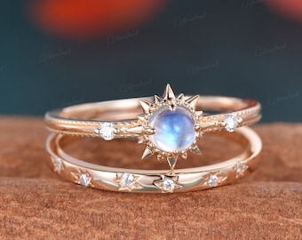 Sun And Star Moonstone Ring Set Vintage Natural Moonstone Engagement Ring Sunburst Bezel Moissanite Ring Star Promise Ring Birthstone Ring