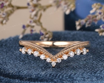 Custom Made Curved Wedding Band Woman Yellow Gold Diamond Stacking Band Moissanite Matching Band Chevron V Shaped Band Milgrain Beaded Band