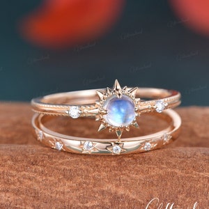 Sun And Star Moonstone Ring Set Vintage Natural Moonstone Engagement Ring Sunburst Bezel Moissanite Ring Star Promise Ring Birthstone Ring