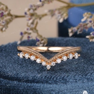 Custom Made Curved Wedding Band Woman Yellow Gold Diamond Stacking Band Moissanite Matching Band Chevron V Shaped Band Milgrain Beaded Band