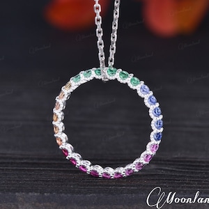 Regenbogen Saphir Halskette Weißgold Halskette September Birthstone Halskette Voll Eternity Ring Halskette Farbverlauf Anhänger Blau Grün
