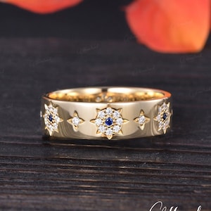 Natural Sapphire Wedding Band Women Unique Yellow Gold Star Wedding Ring Moissanite Halo Cornflower Mens Ring Flower Thick Band Anniversary