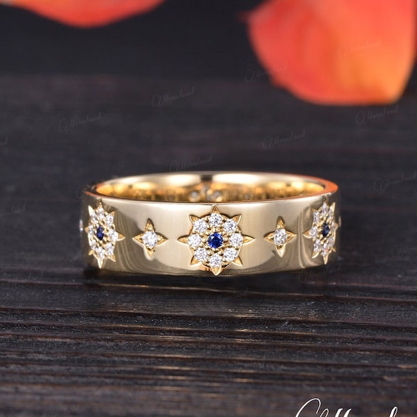 Natural Sapphire Wedding Band Women Unique Yellow Gold Star  Wedding Ring Moissanite Halo Flower Nature Alliance Ring for Women Thick Band