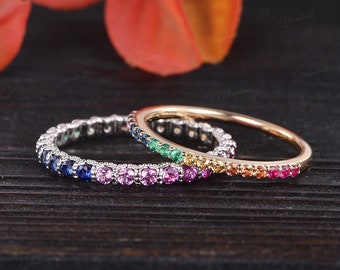 Natural Sapphire Wedding Band Women Rainbow Ring Set Eternity Boho Ring Yellow Gold Unique Bridal Vintage Antique Anniversary Gift Emerald