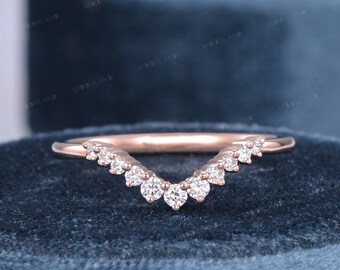 Diamond Curved Wedding Band Women Rose Gold Ring Cluster Moissanite Band Bridal Matching Stacking Wedding Band Chevron Delicate Band Custom