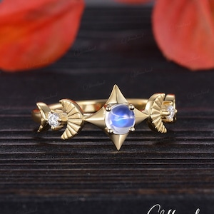 Unique Moonstone Engagement Ring Yellow Gold Moon And Star Ring Moissanite Ring Celestial Jewelry Moon Phase Half Eternity Birthstone Gift