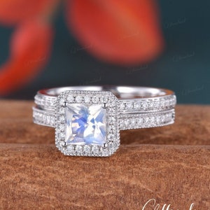 Princess Cut Moonstone Engagement Ring Set Channel Set Moissanite Band Vintage White Gold Bridal Set Half Eternity Pave Promise Ring 2Pcs