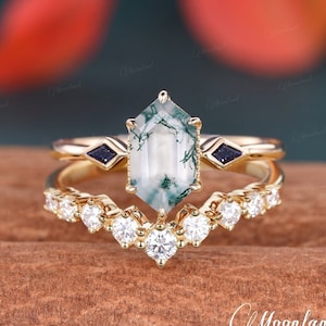 Vintage Moss Agate Engagement Ring Set Yellow Gold Kite Cut Blue Sandstone Bridal Set Unique Long Hexagon Agate Ring Wedding Ring Women Gift