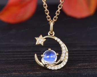 Unique Moonstone Necklace Yellow Gold Double Moon Pendant Necklace Pave Moissanite Star Crescent Charm Dainty Celestial Jewelry Gift For Her