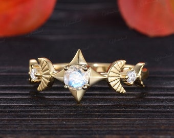 Unique Moonstone  Engagement Ring Yellow Gold Star Ring Moon Ring Vintage Celestial Ring Half Eternity Moissanite Ring Birthstone Ring Gift