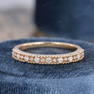 Vintage Diamond Wedding Band Antique Art Deco Half Eternity Delicate Milgrain Band Yellow Gold Stacking Matching Wedding Ring Gift For Her