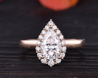 1.5CT Pear Shaped Moissanite Engagement Ring Rose Gold Halo Moissanite Wedding Ring Women Tear Drop Unique Bottom Art Deco Bridal Cocktail