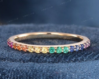 Natural Sapphire Ring Rainbow Ring Rainbow Sapphire Wedding Band Women Rose Gold Antique Ring Half Eternity Multicolor Boho Stacking Ring