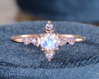 Art Deco Moonstone Engagement Ring Rose Gold Vintage Ring Cluster Alexandrite Matching Band June Birthstone Ring Star Ring Antique Moon Ring