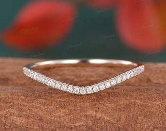 Wedding Band Woman Curved Wedding Band Moissanite Yellow Gold Diamond Wedding Band Unique Half Eternity Band Chevron Delicate Stacking Ring