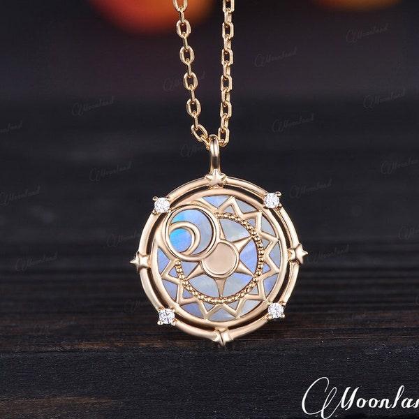 Moonstone Necklace Sun Moon Star Yellow Gold North Star Pendant Witch Jewelry Moon Goddess Esoteric Necklace Starseed Necklace Gift For Her
