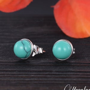 Unique Turquoise Stud Earrings Minimalist Bezel Set Turquoise Earrings Vintage White Gold Stud December Birthstone Handmade Anniversary Gift