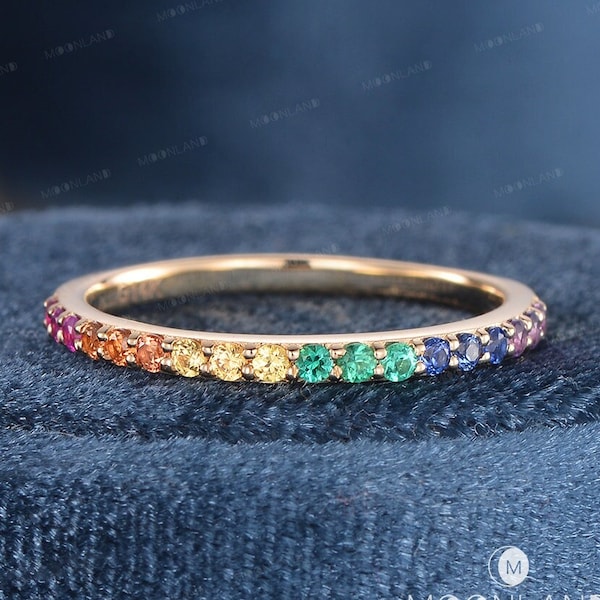 Natural Sapphire Ring Rainbow Ring Rainbow Sapphire Wedding Band Women Rose Gold Antique Ring Half Eternity Multicolor Boho Stacking Ring