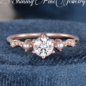Pearl Moissanite Engagement Ring Rose Gold Dainty Moissanite Ring Diamond Art Deco Band Beaded Three Stone Bridal Wedding Akoya Pearl