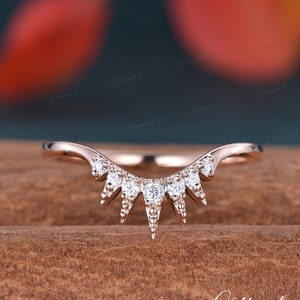 Spikes Wedding Band Women Unique Half Sunburst Ring Moissanite Curved Chevron Band Rose Gold Stackable Ring Matching Band Vintage Sun Ring