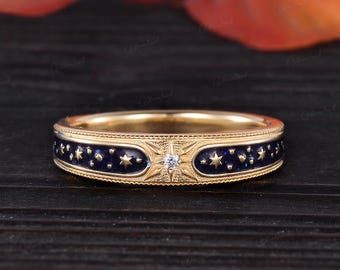 Vintage ster gegraveerd emaille heren trouwring unieke Moissanite Celestial Color Blocking Ring Art Deco sierlijke handgemaakte geboortesteen cadeau