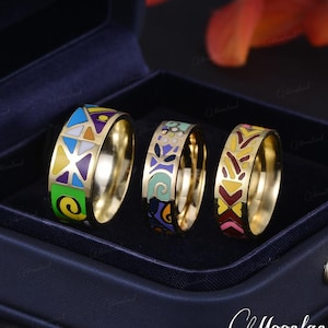 Bohemian Wedding Band Couple Rings Abstract Colorful Geometric Mens Ring Multi-color Enamel Chunky Statement Ring Modern Unique Promise Gift