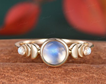 14K Gold Bezel Moonstone Engagement Ring Phases of the Moon Wedding Ring Yellow Gold Stacking Ring Celestial Minimalist Jewelry Women Ring