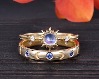 Unique Sun Engagement Ring Set Moonstone Sapphire Wedding Ring Yellow Gold Crescent Moon Wedding Band Couples Ring Men Ring Anniversary Gift