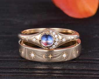 Unique Moonstone Couples Ring Set For Men And Women Moon Star Comfort Fit Wedding Band Vintage Yellow Gold Moissanite Celestial Anniversary