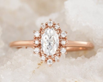 0.5ct Oval Moissanite Ring Cluster Engagement Ring Oval Flower Ring Rose Gold Antique Wedding Ring Vintage Style Oval Halo Filigree Cluster