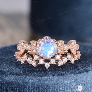 Vine Leaf Moonstone Bridal Set Rose Gold Engagement Ring Cluster Diamond Art Deco 6.5mm Round Cut Rainbow Moonstone Half Eternity Unique