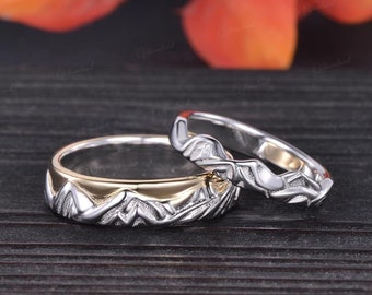 Anillos para pareja, conjunto para él y para ella, anillo grabado con cordillera, anillo para hombre para actividades al aire libre, anillo único de oro bicolor para bodas al aire libre para amantes de la naturaleza.