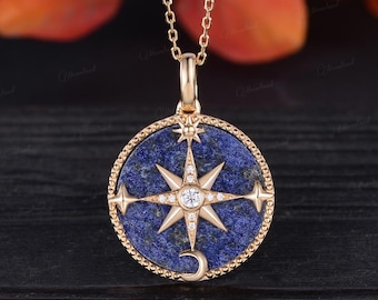 Vintage North Star Pendant Necklace Sun Moon Celestial Jewelry Natural Lapis Lazuil Stone Layering Compass Milgrain Birthstone Promise Gift