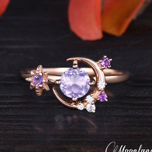 Lavender Amethyst Engagement Ring Unique North Star Half Halo Moon Ring Cluster Moissanite Rose Gold Vintage Celestial Jewelry Anniversary